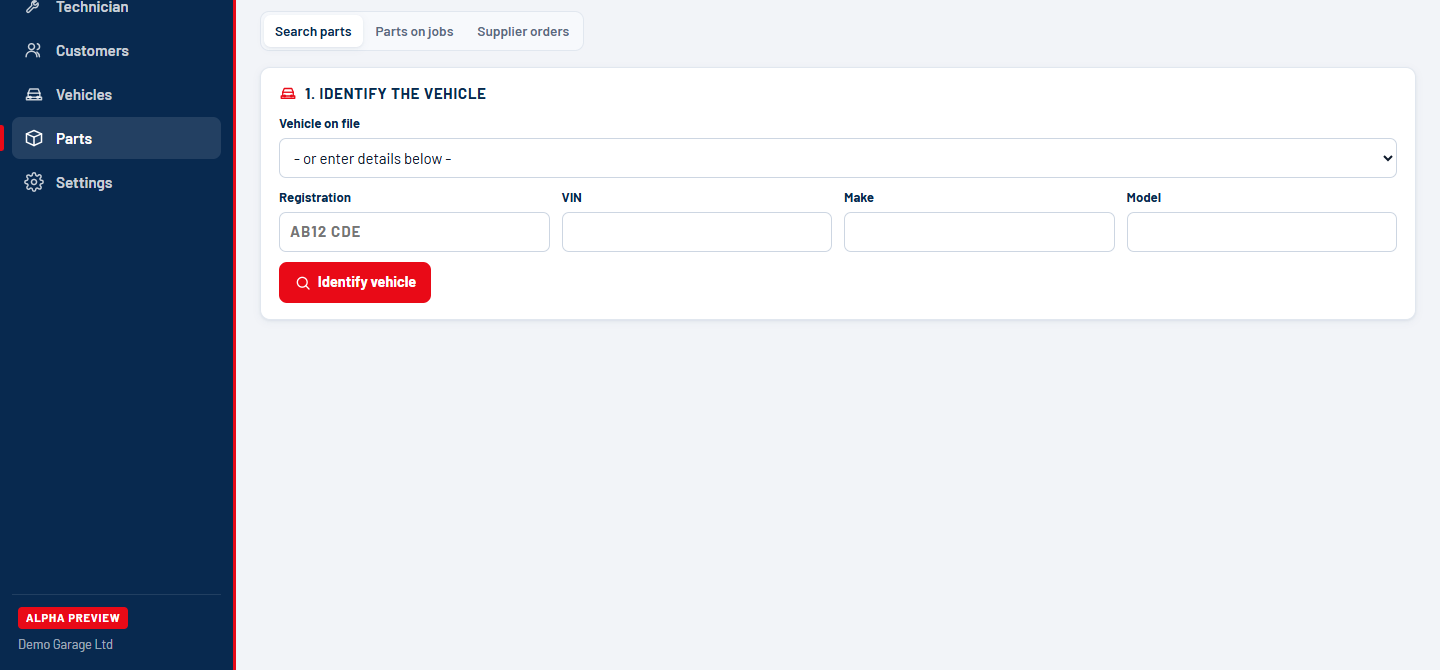 The real PaddockDesk parts screen, showing the vehicle identification step of the parts-ordering workflow.