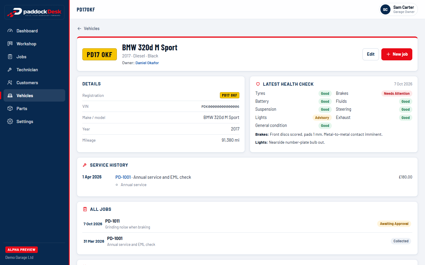 A real PaddockDesk vehicle record, showing details, latest health check and full service and job history.
